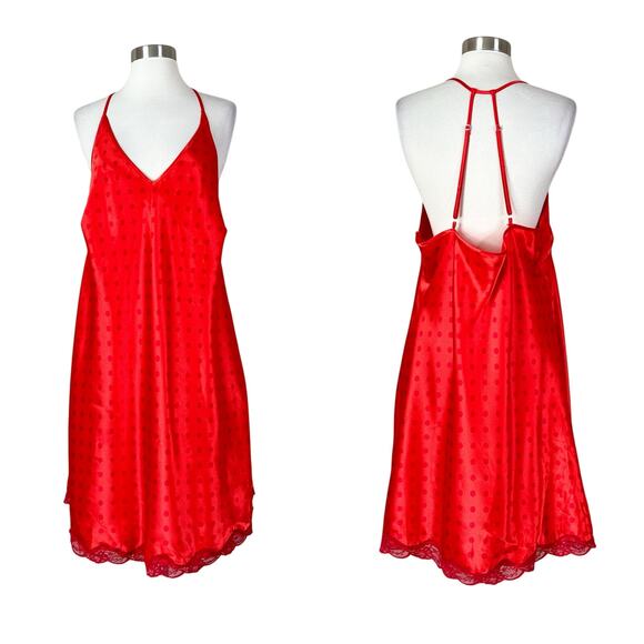 Cacique | Y2K Vintage Polka Dot Lace Hem Orange Red Satin Plus Size Night Gown - Picture 1 of 9